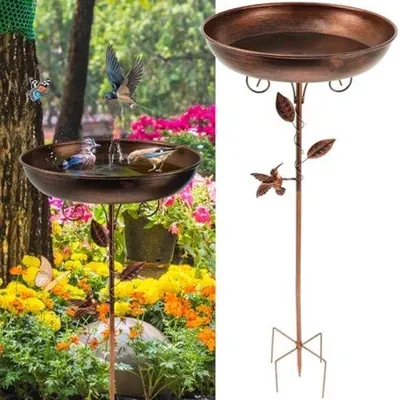 Produktbild von PolkaHome® Stehendes Vogelbad – Metalldesign mit Blattmotiv, 80 cm Höhe, für Garten & Terrasse
