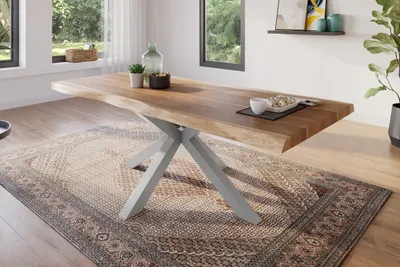 Produktbild von Esstisch 200 x 100 cm Akazie massiv natur Baumkantentisch Spider-Gestell silber ATLAS