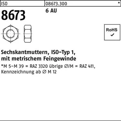 Produktbild von Reyher  Sechskantmuttern ISO 8673 6 AU M 72 x 6 (1 Stück)