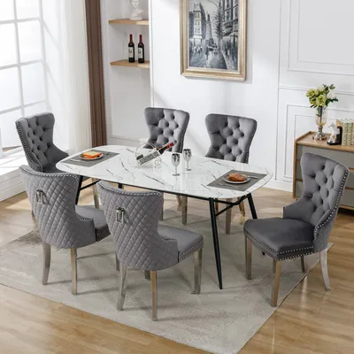 Produktbild von Flieks Esszimmerstühle 6er Set, Küchenstühle Polsterstuhl mit Edelstahlbeinen, Esszimmerstuhl mit Samtbezug, Grau