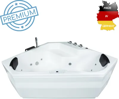 Produktbild von Basera PREMIUM Indoor Eck-Whirlpool Badewanne Capri 145 x 145 cm mit 24 Massagedüsen, Heizung, Ozongenerator, Bodenansaugung, Wasserfall, LED-Ambiente, Touchpanel, Bluetooth, Radio