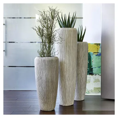 Produktbild von Wunderschöne & Hochwertige Pflanzvase/Pflanzkübel mit Rillenstruktur - Fiberglas - Mit Einsatz – Innen & Außen – Wetterbeständig & Frostsicher (Höhe: 75cm, Elfenbein)