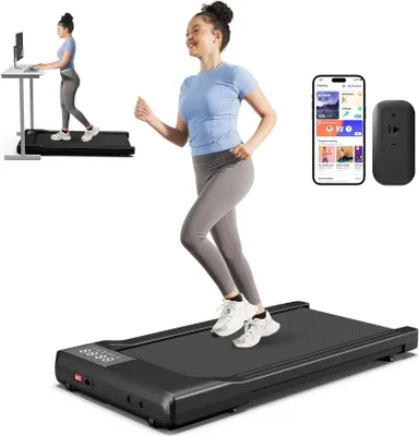 Image de Tapis de course Walking Pad pour la maison - Tapis roulant - Moteur 2,5 CV (1864 W) - jusqu'à 6 km/h - capacité de charge 136 kg - surface de course 39 × 90 cm - télécommande et LED - Bluetooth - noir
