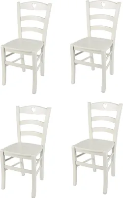 Four white wooden chairs are arranged in a grid against a white background.