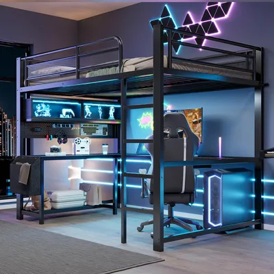 Productafbeelding van Gaming hoogslaper 140x200, bureau, toetsenbordhouder, opbergvakken, LED-verlichting, oplaadstation (zwart)