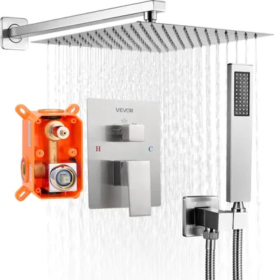 Zdjęcie produktu dla VEVOR deszczownica do łazienki System prysznicowy z kwadratową deszczownicą 254 mm i główką prysznicową, naścienna armatura łazienkowa z mosiężnym zaworem i zestawem dekoracyjnym, szczotkowany nikiel