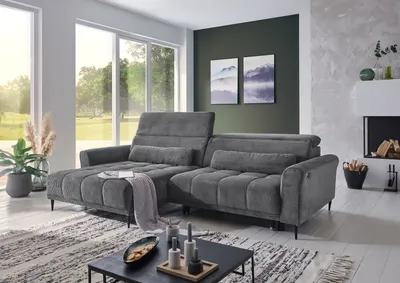 Produktbild von Wohnlandschaft >Wolve< Kopfteilverstellungen, 2 Kissen, Cord grau - 277x108x179cm (BxHxT)