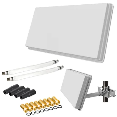 Produktbild von SAT Flachantenne Twin H30D2+ mit Fensterhalterung + 2 Fensterdurchführung + 8 F-Stecker + 4 Wetterschutztüllen (Full HD 4K UHD Sat Anlage für 2 Teilnehmer) netshop 25 Set