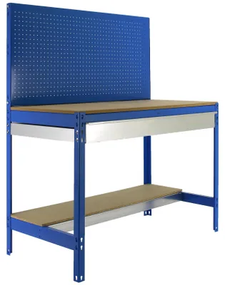 Produktbild von PROREGAL Werkbank BUFFALO mit Werkzeugwand und Schubfach | HxBxT 84x120x61cm | Traglast 600kg | Blau