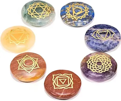 Produktbild von Edelstein SET mit 7 Chakra Symbolsteinen (rund) -- ± 3 cm