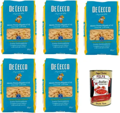 Produktbild von De Cecco Mezze Penne rigate N°141 100% Italienisch Pasta Nudeln 5x 500g + Italian Gourmet Polpa 400g