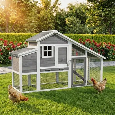 Produktbild von MyAnimal Hühnerstall für 4 Hühner | 185x62x115 cm Winterfest - Vogelhaus - Hühnergehege mit Nistkasten - Voliere - Hühnerhaus - Freilaufgehege Huhn - Legenest - Vogelvoliere - Gehege (Grau)