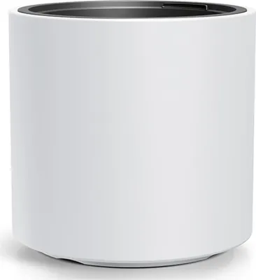 A white cylindrical planter with a black rim is shown against a white background.