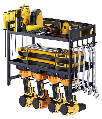 Image de Support mural pour outils - Rangement pour perceuse et outils électriques - Organisateur à 2 niveaux - Acier robuste - Fixation par crochets - Idéal pour garage et atelier - Noir