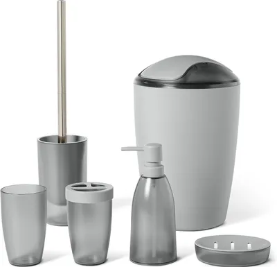 Image de Ensemble d'accessoires de salle de bain, 6 pièces : ensemble comprenant un distributeur de savon, une poubelle, une brosse WC et son support, en gris