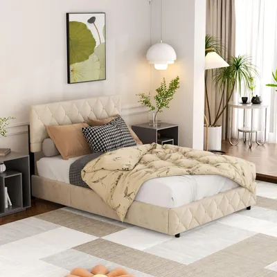 Image de okwish Lit boxspring rembourré 140x200 cm avec tête de lit capitonnée, espace de rangement et sommier, lit double moderne, beige, sans matelas
