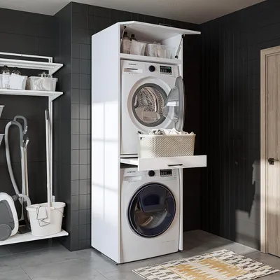 Produktbild von Roomart Waschmaschinenschrank für Trockner & Waschmaschine, in 3 Farben, mit Ausziehbrett - Weiß - Eiche - Schwarz Eiche