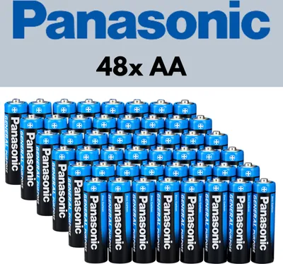 A stack of Panasonic AA batteries with the brand logo and quantity displayed above.
