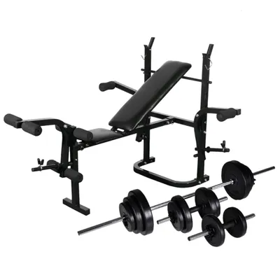 Image de Banc d'haltères avec support, ensemble d'haltères longs et courts 30,5 kg