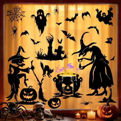 Zdjęcie produktu dla Dekoracje okienne na Halloween: czarownice, dynie, nietoperze, szkielety, duchy, pajęczyny. 2 sztuki, wymiar 29x60 cm