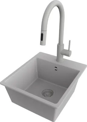 Produktbild von PRIMAGRAN Granitspüle Grau 38x44cm, Spülbecken 1 Becken + Küchenarmatur 40x20cm + Ablauf-Set, Küchenspüle ab 40er Unterschrank - Riga Easy