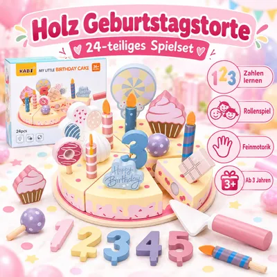 Produktbild von Holz Geburtstagstorte Spielzeug – 24-teiliges Spielset für kleine Geburtstagsfans