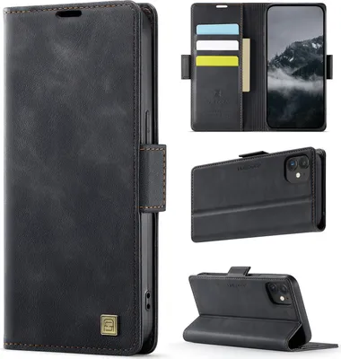 Produktbild von Lederhülle für iPhone 12/iPhone 12 Pro, RFID Schutz Handyhülle mit Magnetverschluss, Kartenfächern und Ständer Schwarz