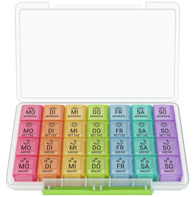 Produktbild von WELLGRO Tablettenbox für 7 Tage - Pillendose je 4 Fächer pro Tag - Klappdeckel mit Druckverschluss - Aufbewahrungsbox - BPA-freier Kunststoff