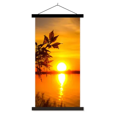 Produktbild von MuchoWow® Textilposter Sonnenuntergang - Wasser - Pflanzen - Orange 60x120 cm mit schwarzem Rahmen - Magnete