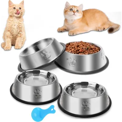 Obrázek produktu pro Nerezové misky pro kočky, 4 kusy, protiskluzové, vhodné pro krmivo a vodu, průměr 15 cm