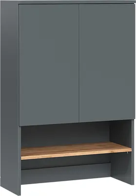 A dark gray cabinet with a wooden shelf.