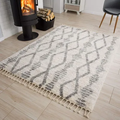 Produktbild von Teppich Wohnzimmer Schlafzimmer Creme Grau Hochflor Langflor Fransen Streifen Ethno 140 x 200 cm