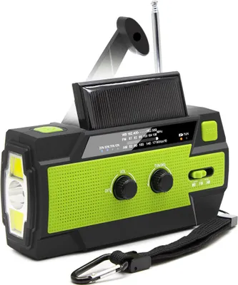 Produktbild von Tragbares Notfallradio mit Solarantrieb, Kurbelantrieb (AM/FM), LED-Taschenlampe, USB-Anschluss und SOS-Alarm für Wandern, Camping oder allgemeine Notfälle im Freien