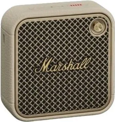 A close-up studio shot of a cream-colored Marshall Willen II portable mono speaker.