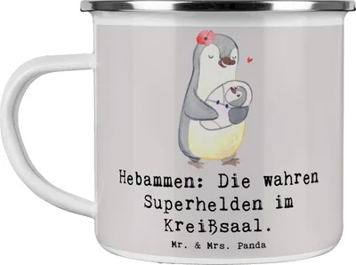 Produktbild von Mr. & Mrs. Panda Emaille Becher Hebamme Superhelden - Grau Pastell - Geschenk, handgefertigte Geschenke, Hausgeburt, Pott, Mutmacher, Emailletasse, emaillebecher, Tasse