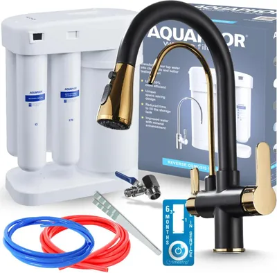 Produktbild von Wasserfilter Set Morion mit 3-Wege Küchenarmatur Nordic Schwarz Gold, Umkehrosmose, ausziehbare Brause, 360° schwenkbar