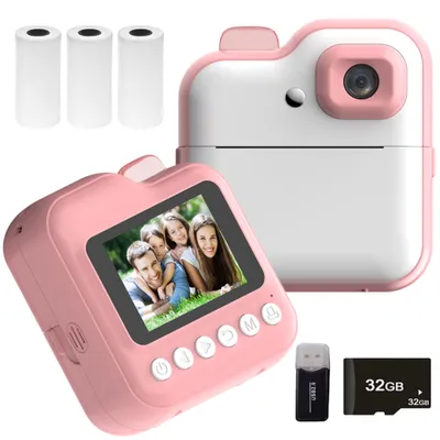 Produktbild von Detský fotoaparát, okamžitá termálna tlačiareň, 2,4" fototlačiareň, 48MP zadný fotoaparát s RGB svetlom, s 3 kotúčmi bieleho papiera na tlač + 32G pamäťová karta + čítačka kariet