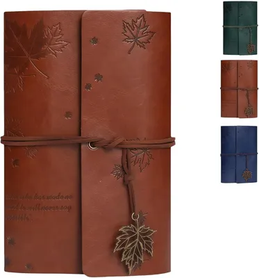 Produktbild von Notizbuch A6, braunes Leder, geprägtes Ahornblattmotiv, Kraftpapier, für Reisetagebuch