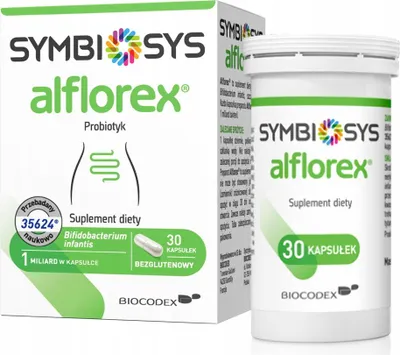 A product box and bottle of Alflorex probiotic supplement.