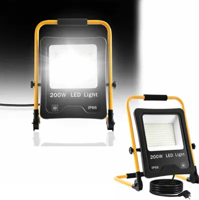 Produktbild von UISEBRT 200W LED Fluter Flutlicht Kaltweiß Mit Stecker Baustrahler Scheinwerfer Gelb Stativ Baulampe IP66 Außenbereich Innen Garten Garage