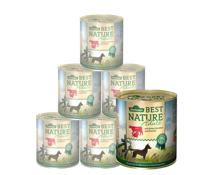 Produktbild von Dehner Best Nature Hundefutter, Nassfutter getreidefrei, für ausgewachsene Hunde, Rind / Pute / Karotten, 6 x 800 g Dose (4.8 kg)