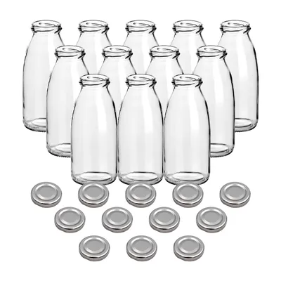 Produktbild von gouveo 12er Set Saftflasche 250 ml mit Schraub-Deckel silberfarben - Kleine Glasflasche 0,25 l mit TO43 Verschluss - Leere Flasche zum Befüllen für Küche und Haushalt