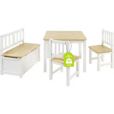 Produktbild von BOMI® Kindertischgruppe Anna mit integrierter Spielzeugkiste | Kindermöbel aus Kiefer Massiv Holz für Kleinkinder, Mädchen und Jungen Natur