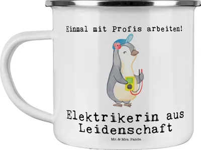 Produktbild von Mr. & Mrs. Panda Haferl Elektrikerin Leidenschaft - Weiß - Geschenk, Emaille Tasse, Lustig, Pott, Becher, Ausbildung, Witzig, Teetasse, Spruch, Emailletasse, Beruf