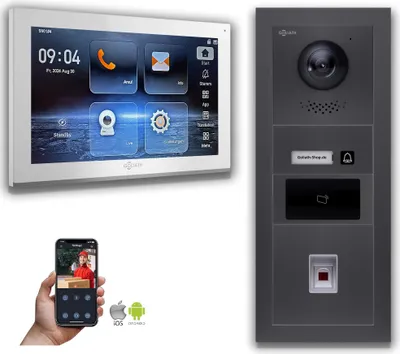 Produktbild von Goliath IP Video Türsprechanlage 10-Zoll Fingerprint RFID Anthrazit : 1 Monitor : 10 Zoll Weiß : Aufputz Dose Monitor Anzahl: 1 Monitor Monitor Farbe: 10 Zoll Weiß Montage: Aufputz Dose