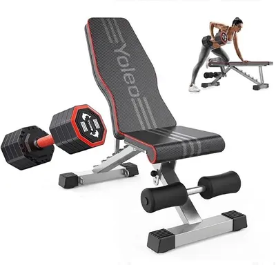 Image de Banc d'haltères pliable, multifonctionnelle, pour l'entraînement et le fitness. Banc d'entraînement abdominal, banc incliné avec dossier réglable en 6 positions et coussin de siège réglable en 3 positions. Capacité de charge : 300 kg