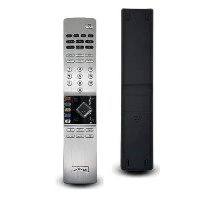 A front and back view of a silver and black remote control, presented on a white background.