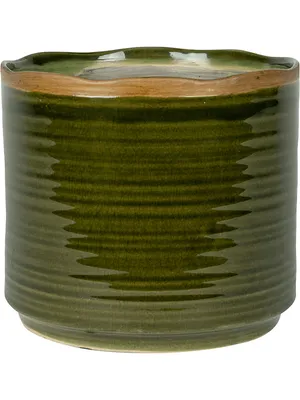A green ceramic pot with a brown rim on a white background.