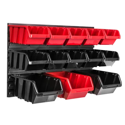 Image de Panneau à outils mural 57,6 x 39 cm avec 13 pcs. Boîtes suspendues rouges et noires Boîtes empilables