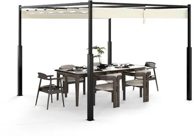 Imagen del producto de Pérgola con techo corredero de 3x3 metros, cubierta impermeable para jardín, estructura de acero, techo beige con protección UV